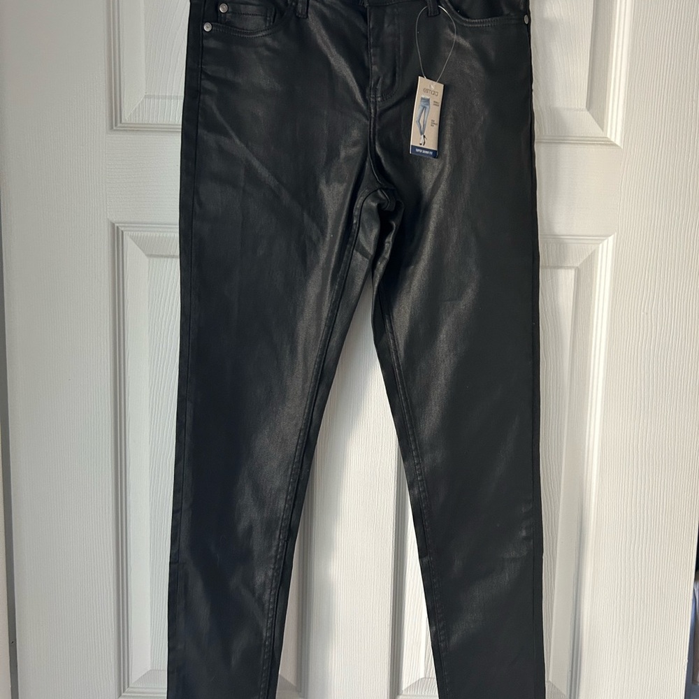 Women's High Rise Black Jeans style coated pants.
